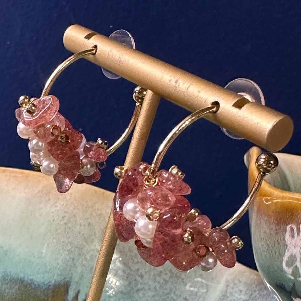 Handcrafted Pink & Gold Tone Hoop Earrings